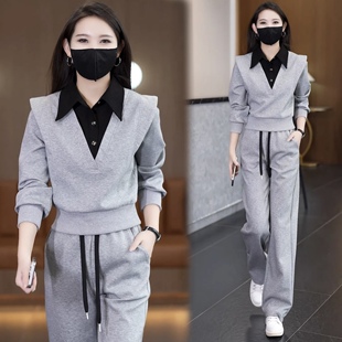 假两件Polo领卫衣女阔腿裤休闲运动服2026春秋新款跑步两件套装潮
