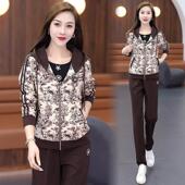 洋气印花拼接连帽卫衣阔腿裤 休闲运动套装 时尚 新款 三件套潮 女春季