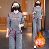加绒加厚两件套 拼接圆领卫衣阔腿裤 慵懒风休闲运动套装 女秋冬新款
