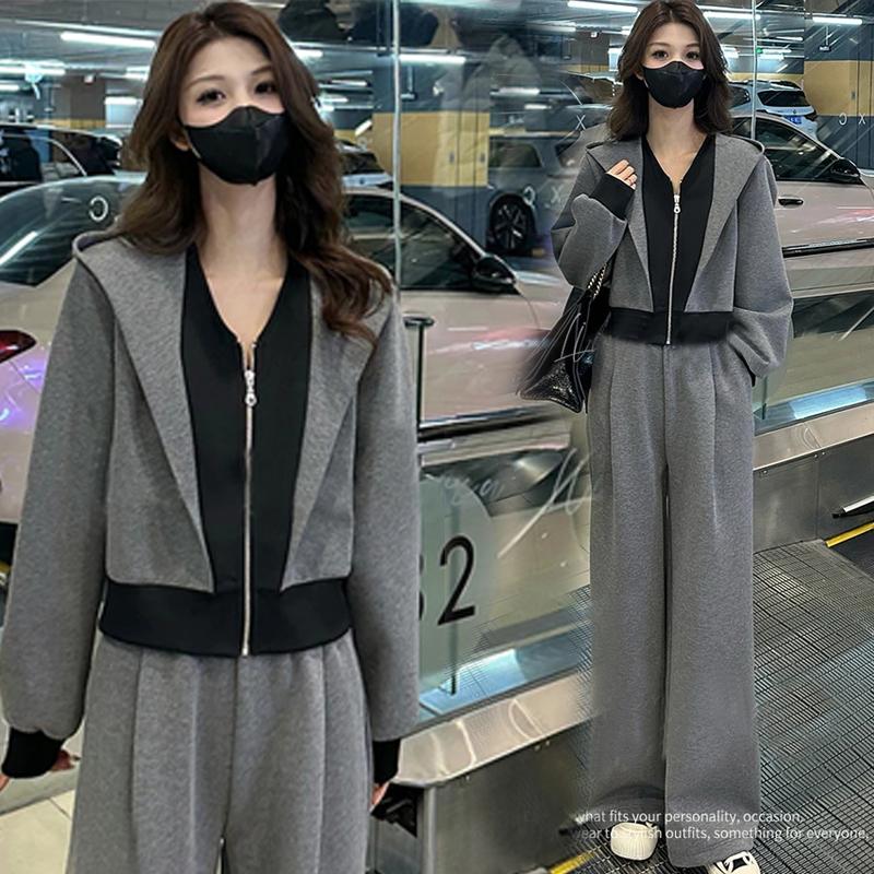 连帽外套阔腿裤两件套