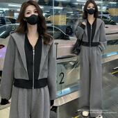 两件套 休闲运动套装 时尚 女2025春季 洋气假两件连帽外套阔腿裤 新款