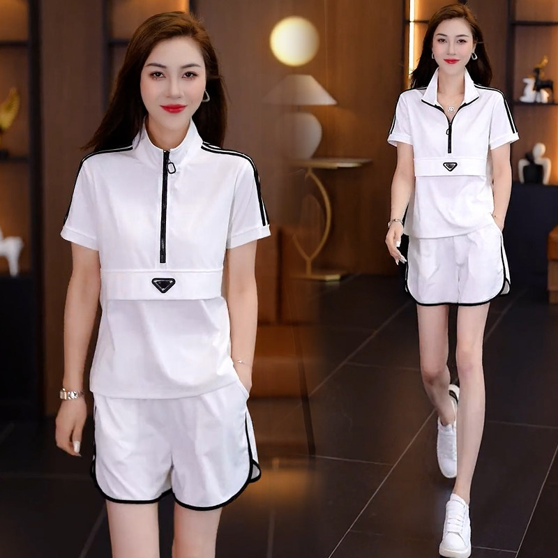 运动服套装女2026夏季拼色短袖短裤时尚洋气半拉链上衣休闲两件套