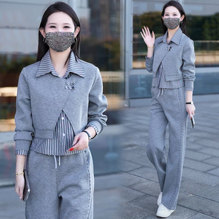 休闲运动服套装女2026春季新款洋气假两件上衣阔腿裤减龄两件套潮
