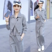 领拼接长袖 衬衫 时尚 卫衣阔腿裤 假两件休闲运动套装 两件套 女春新款