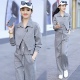 女春新款 卫衣阔腿裤 时尚 领拼接长袖 两件套 衬衫 假两件休闲运动套装