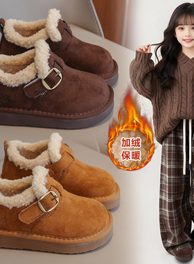 勃肯鞋女童冬季加绒保暖厚底一脚蹬毛毛鞋软底防滑百搭韩版豆豆鞋