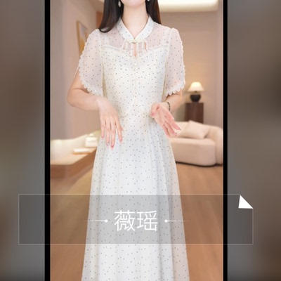 夏季旗袍领显瘦中长连衣裙
