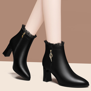 女士真皮短靴女尖头秋冬季新款加绒单靴中粗细跟马丁靴女高跟皮鞋