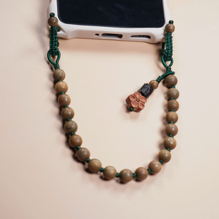 天然绿檀木手机链手腕款 斜挂短手工编织串珠男女古风挂绳挂链挂件