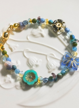 Yoyoan原创设计手作【蓝樱】复古琉璃捷克珠古董珠手链森系手串