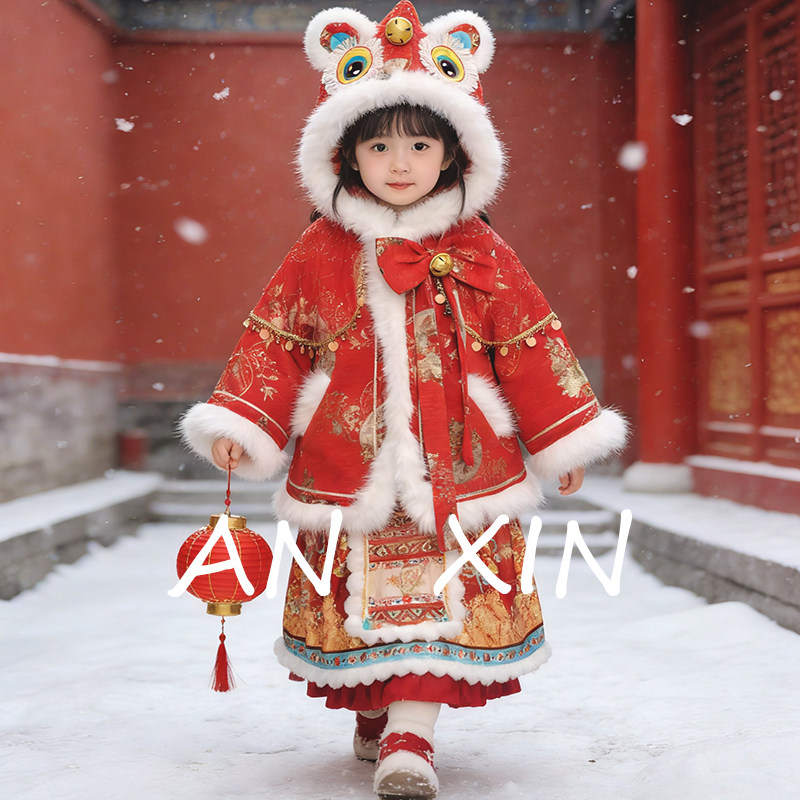 醒狮拜年服女童新中式国风生日裙加绒加厚蓬蓬公主裙活动礼服