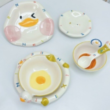 可爱鸭多巴胺萌趣卡通手绘浮雕餐具组合家用陶瓷米饭碗汤盘大汤碗