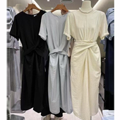 TARU系带收腰短袖 设计感开叉气质中长裙 新款 天丝连衣裙女韩版 夏季