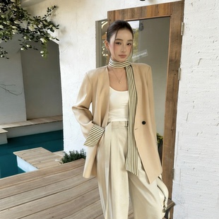 宽松显瘦小众外套飘带卡其色 设计感拼接袖 V领棉麻西装 女TARU新款