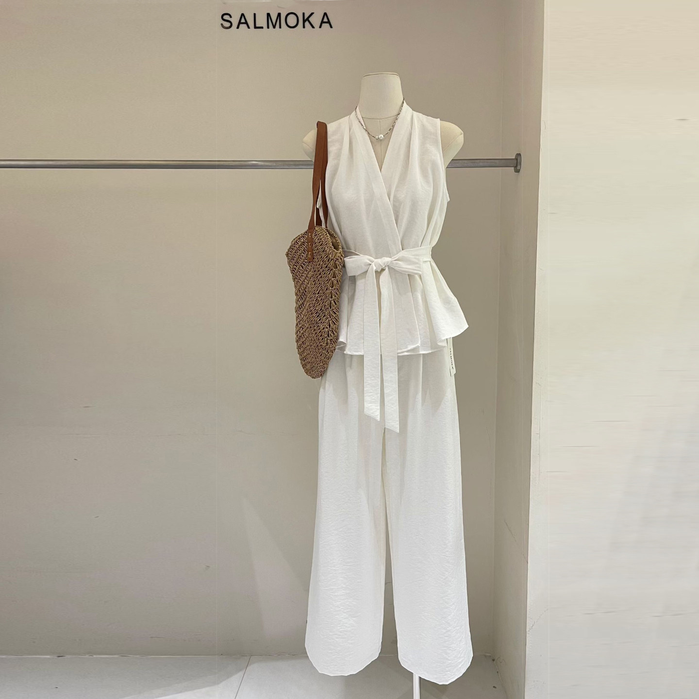 SALMOKA棉麻套装女无袖系带收腰上衣松紧腰阔腿裤高级气质两件套