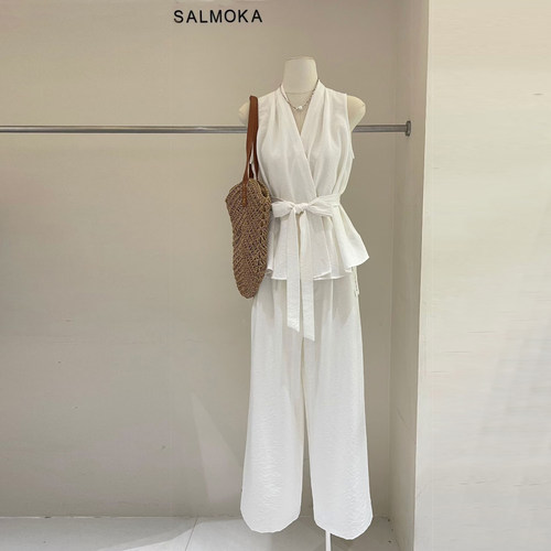 棉麻无袖系带收腰阔腿裤女套装