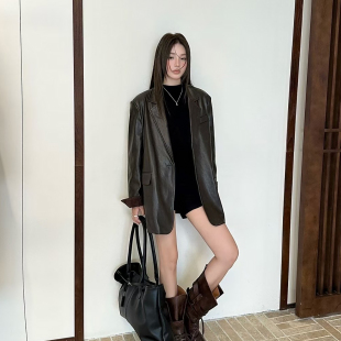 设计老钱风廓形外套显瘦炸街 皮衣女麂皮绒拼袖 TARU设计师款 PU长袖