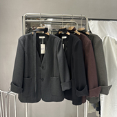 新款 SALMOKA玫瑰胸针复古灰色V领西装 外套女秋季 显瘦西服小众宽松