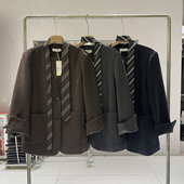 SALMOKA宽松V领呢料西装 外套女秋冬配领带设计感长袖 毛呢小西服潮