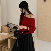 针织衫 女ONE TIME韩版 一字领露肩蝙蝠袖 新款 百搭宽松斜肩套头上衣