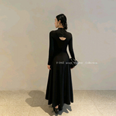 连衣裙女秋冬新款 FONE法式 后背露背设计毛针织拼接长袖 气质长裙潮