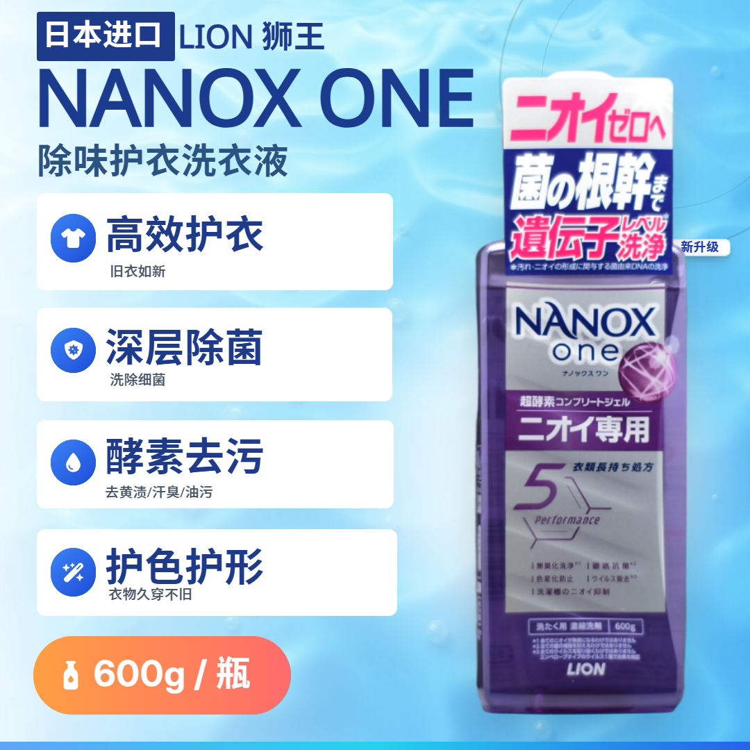 日本进口狮王NANOXone纳米乐浓缩消臭抗菌室屋内晾干洗衣液600g