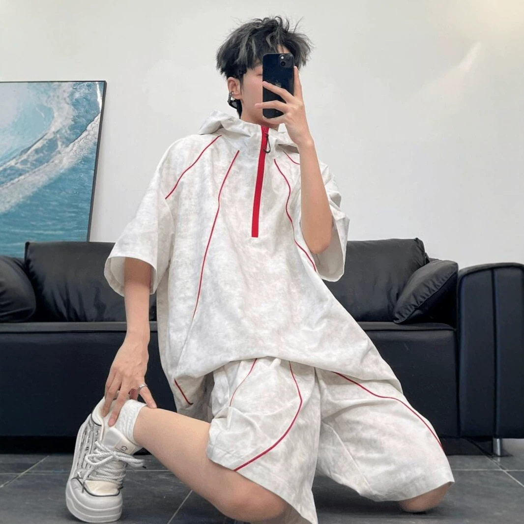 肌理感连帽短袖套装男夏季轻薄透气半拉链t恤潮流运动短裤两件套