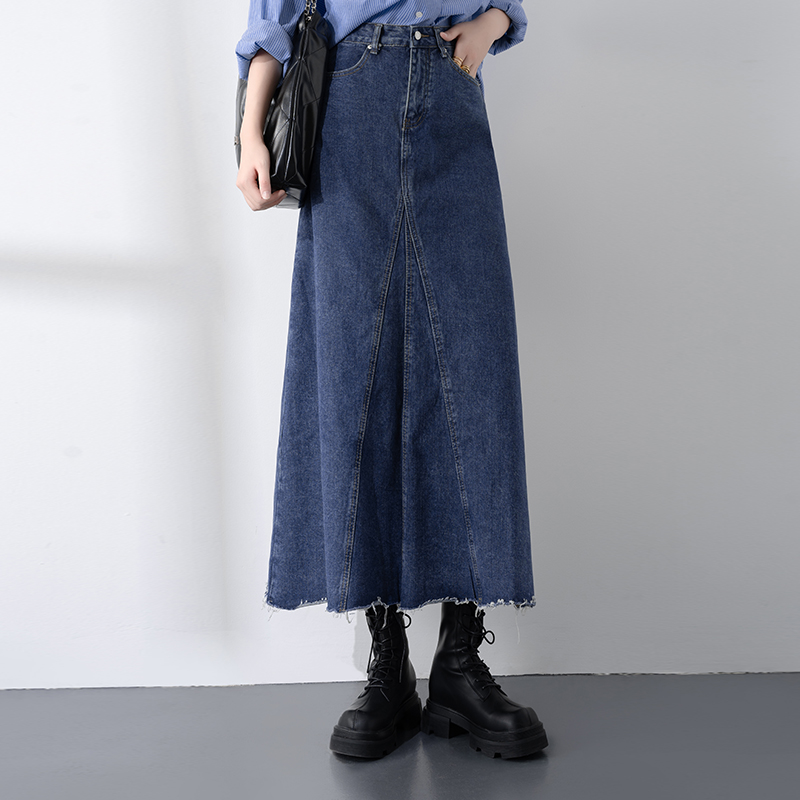 拼接毛边蓝色牛仔半身裙女
