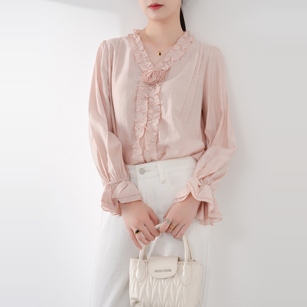 玫瑰花重工刺绣立体花朵衬衣木耳边衬衫设计感V领上衣法式氛围感