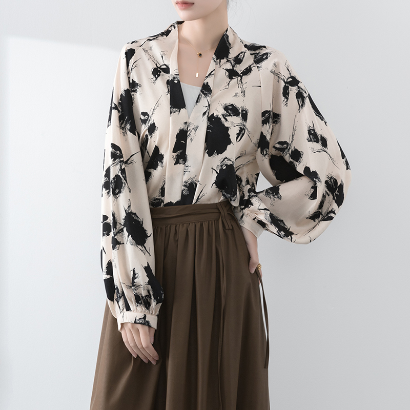 垂坠感不皱新中式水墨灯笼袖衬衫