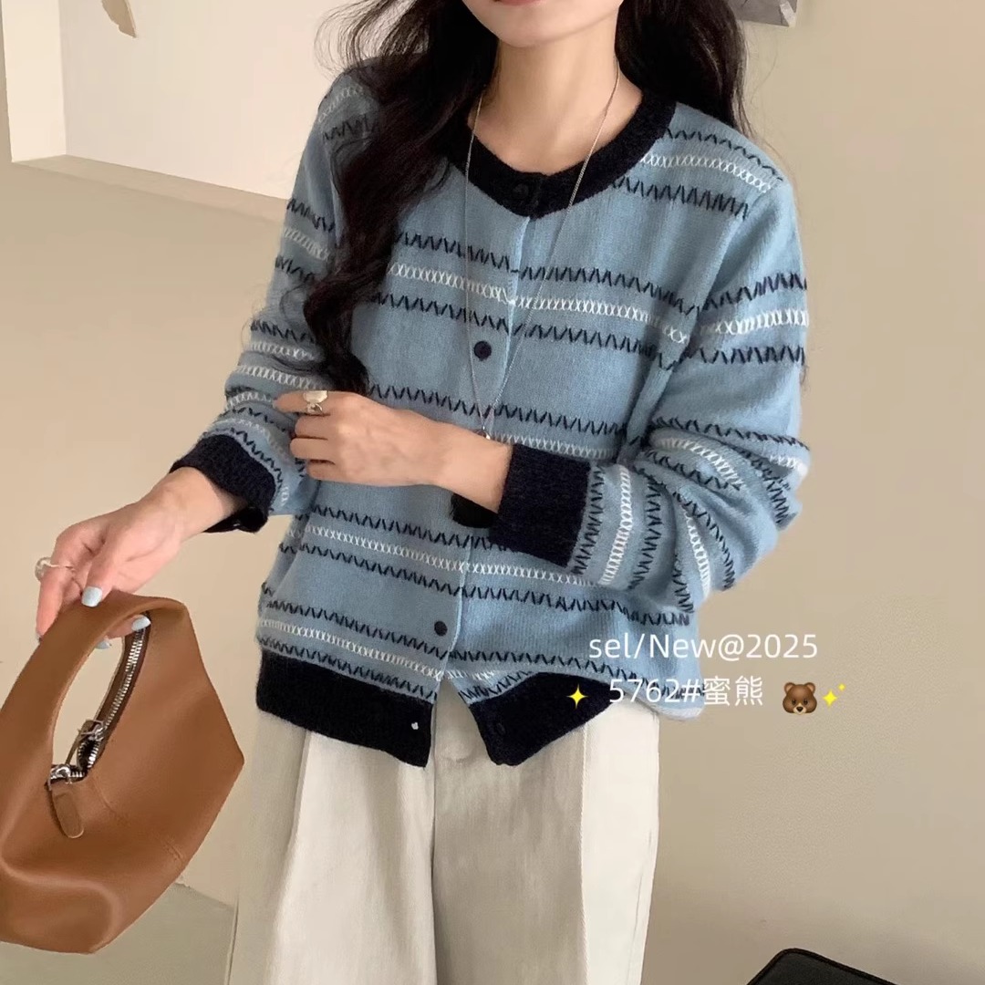 原单外贸韩系2025年秋冬撞色复古条纹针织衫小香风开衫女减龄毛衣