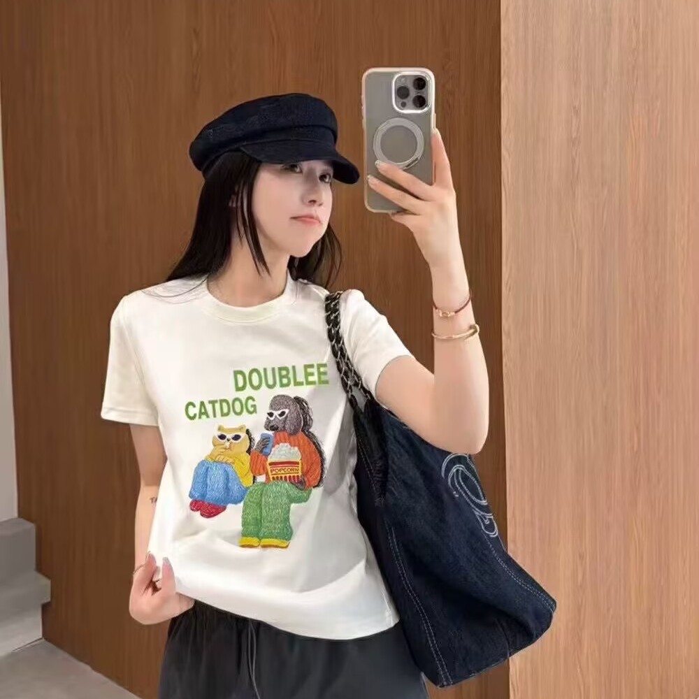 原单外贸韩版狗狗刺绣字母短袖T恤女2025年夏欧版甜辣风女上衣T恤