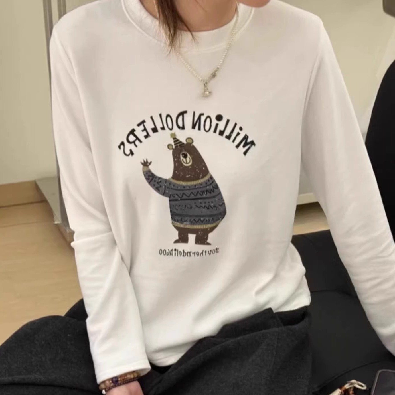 原单外贸自制爆款小熊澳绒打底衫2025年冬季长袖软糯亲肤减龄T恤