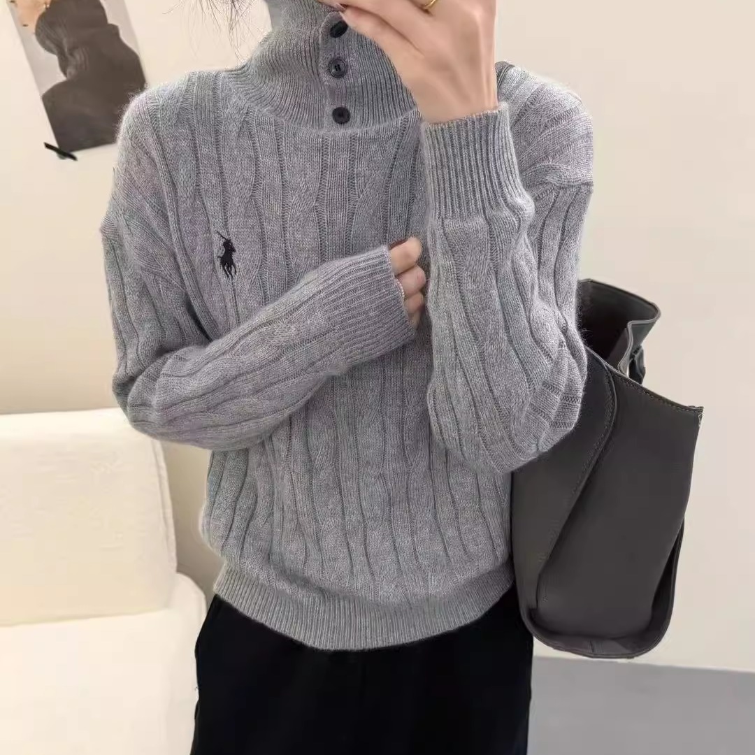 高品质羊驼密熊绒刺绣小马麻花针织衫女扣子高领软糯保暖毛衣冬女