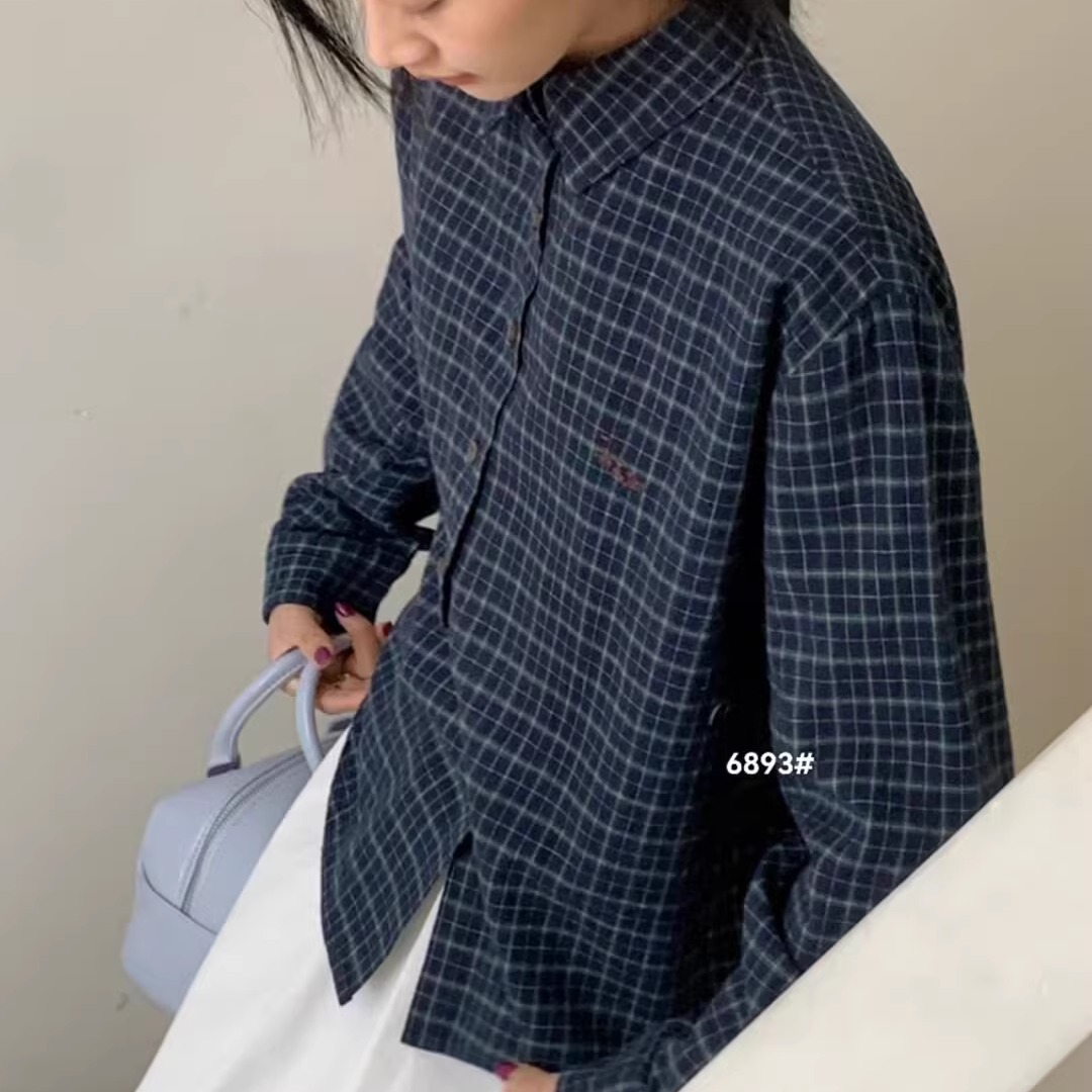 原单外贸复古格子简约字母长袖POLO领开衫内搭女春新款衬衫自留潮