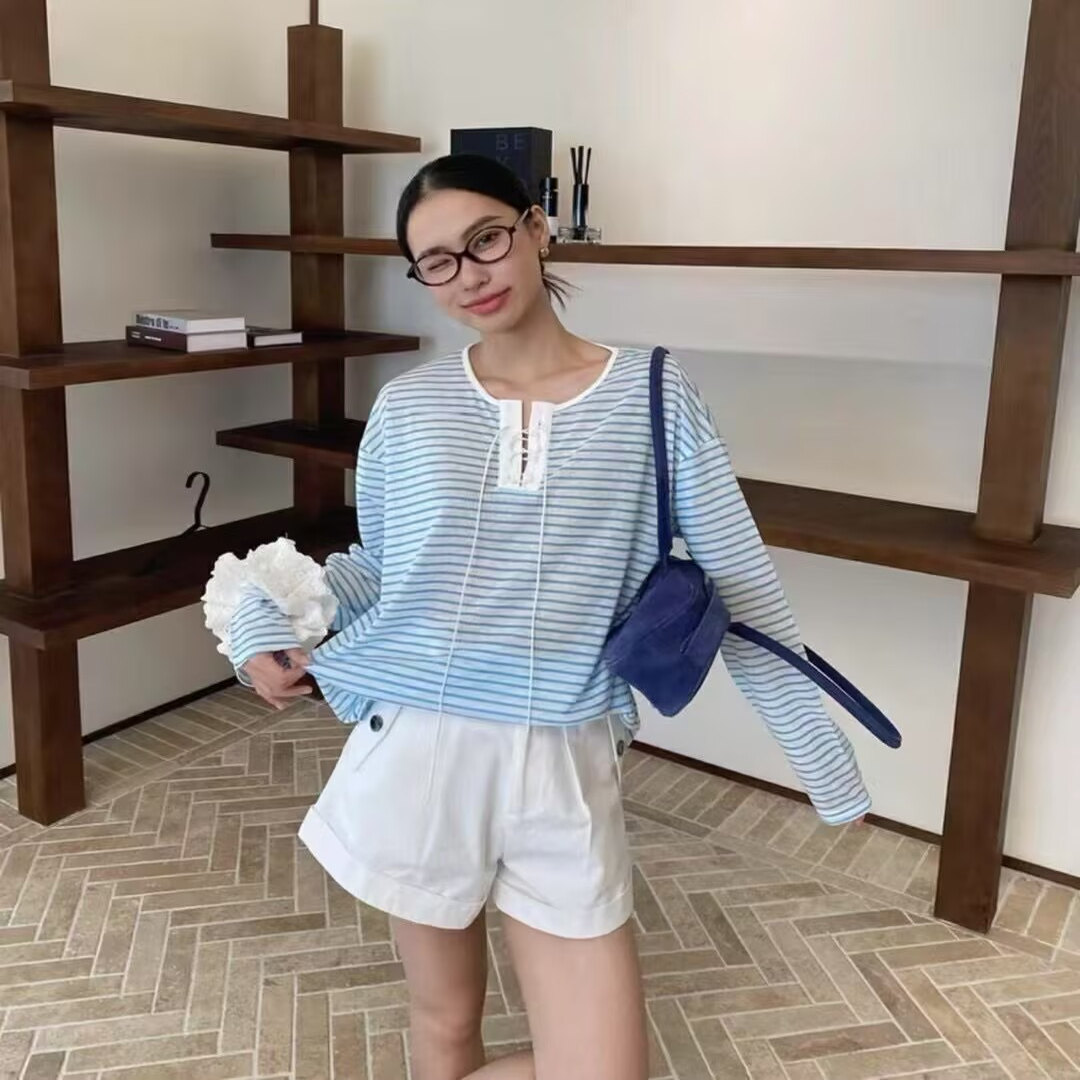 原单外贸正品 编织绳系带条纹长袖防晒衣度假旅游bi备圆领亚麻T恤
