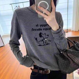 绒套头打底T恤 欧货自留2025冬季 网红推荐 自留明线印花小狗小短款