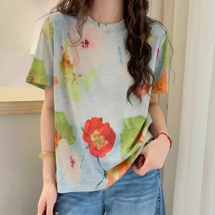 网红推荐爆款莱赛尔花朵短袖T2025年夏欧货彩色印花爆款推荐原单