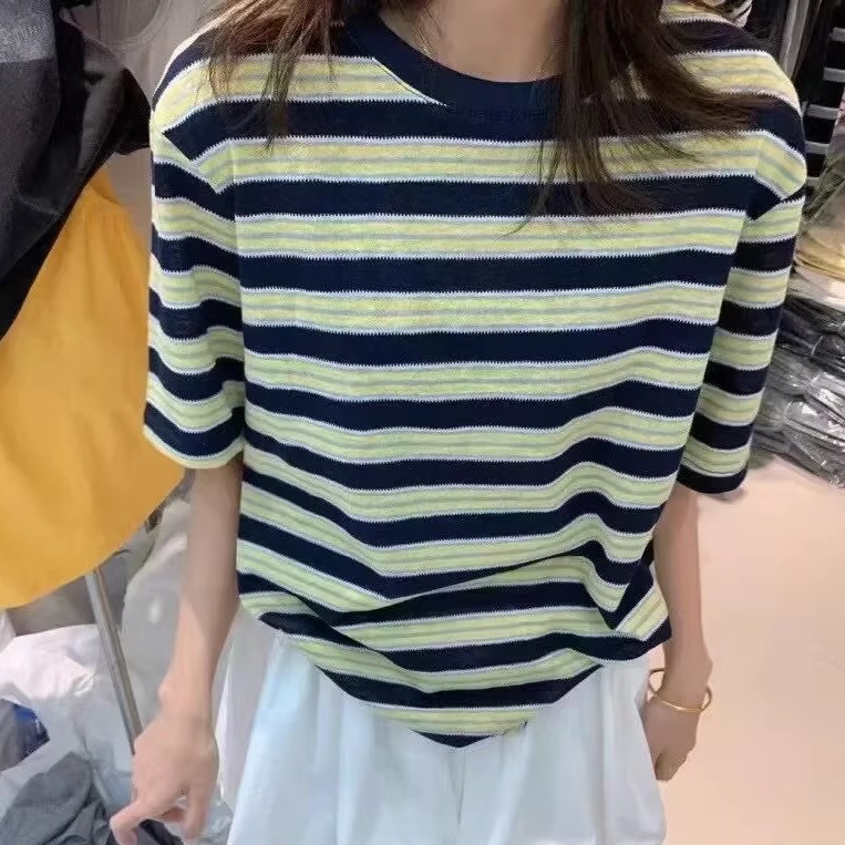 原单外贸正品撞色领口条纹小衫2025年夏季薄款百搭宽松减龄T恤衫