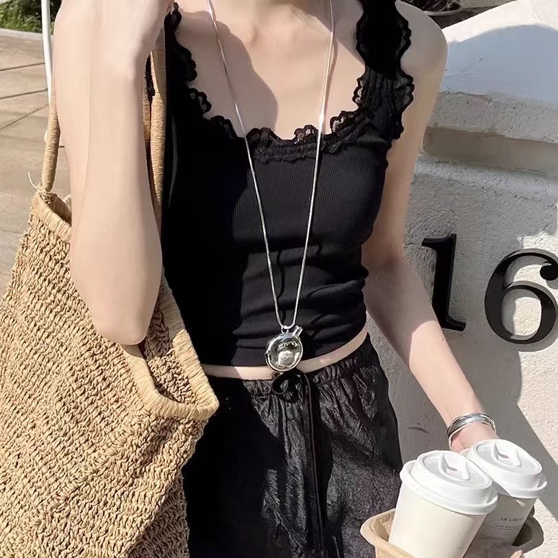 原单外贸25韩系蕾丝花边小背心女弹力黑白色纯欲风内外搭无袖上衣