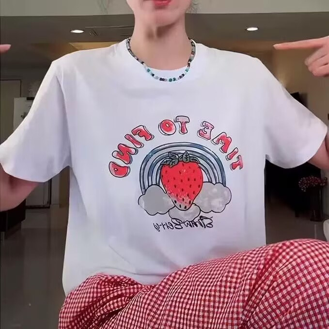 原单外贸欧货天丝亚麻草莓短袖T恤女2025夏自留套头女装白色褂头
