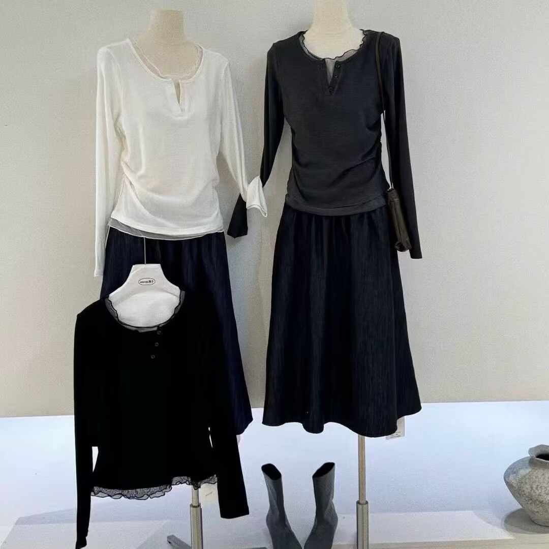 原单外贸欧货V领网沙假两件打底衫女2025年秋冬内搭减龄弹力自留t