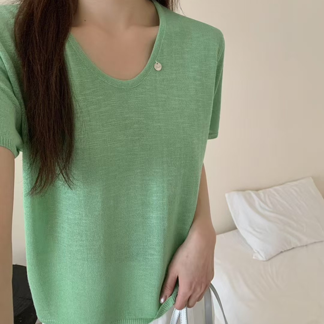 原单爆款2025年夏钉扣麻丝短袖T恤女舒适百搭小衫糖果色罩衫上衣