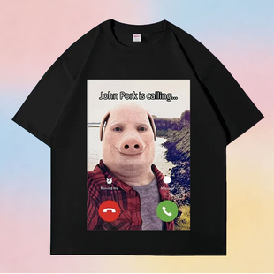 约翰波克打电话纯棉短袖男t恤John Pork爱猪人士幽默趣味学生衣服