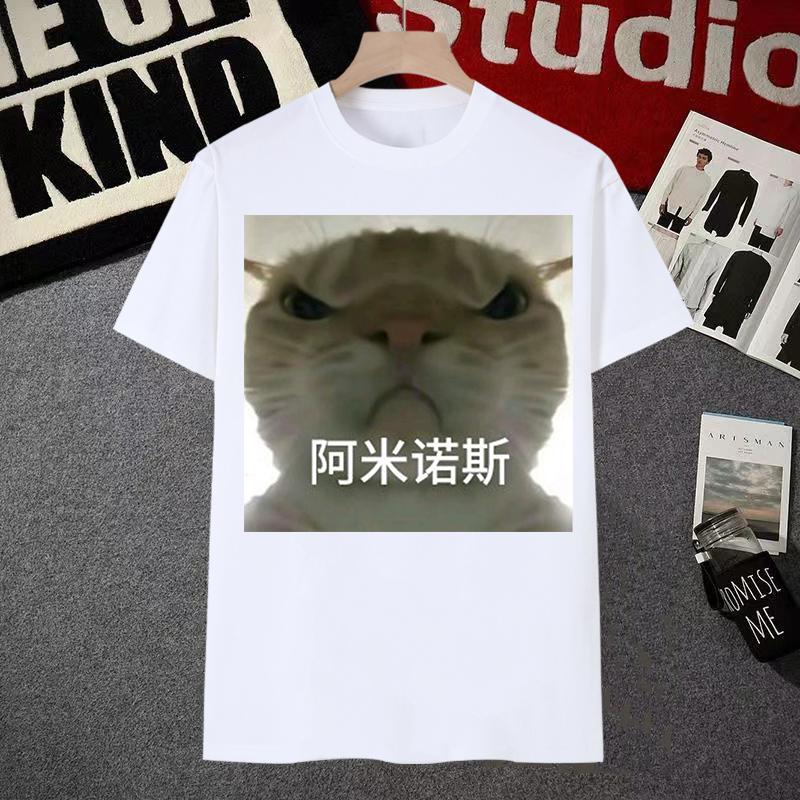 大头猫表情包短袖男歪嘴猫t恤搞笑小猫图案阿米诺斯沙雕学生衣服