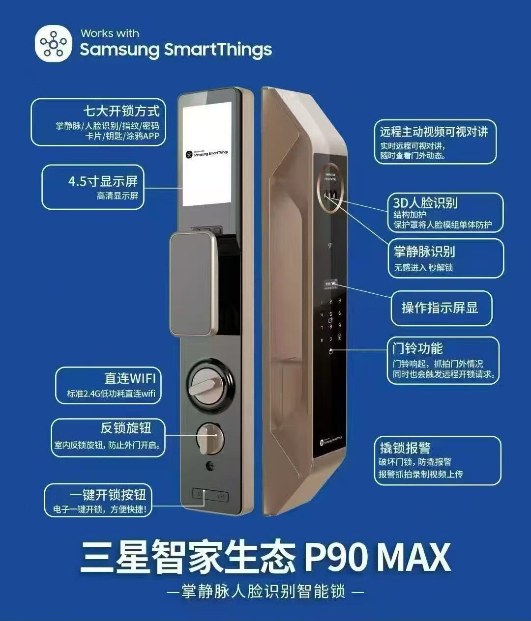 三星智家3D人脸识别全自动指纹锁家用防盗电子锁带可视猫眼P90MAX