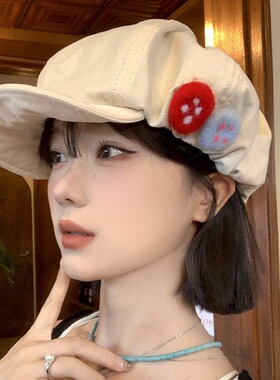 复古日系棉麻八角帽彩色毛毡纽扣画家帽不对称设计女帽贝雷帽子潮