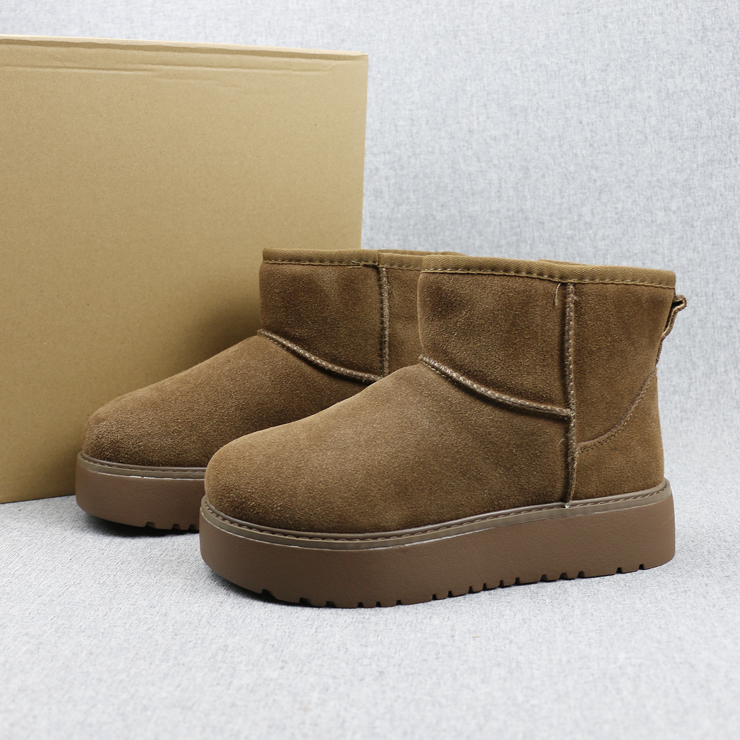 外贸加绒短筒雪地靴厚底真皮高帮