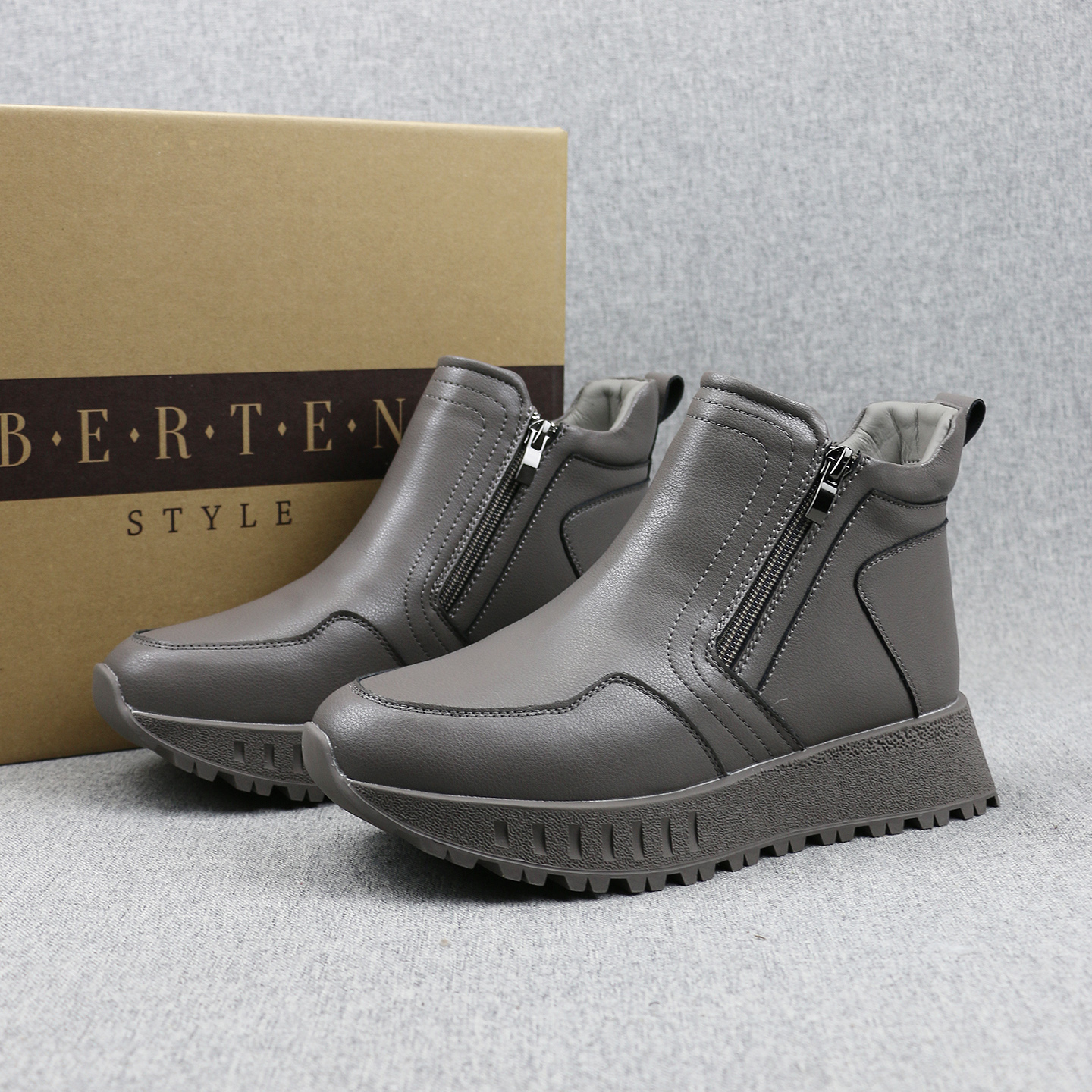 羊毛混纺二层牛皮拉链高帮棉鞋女