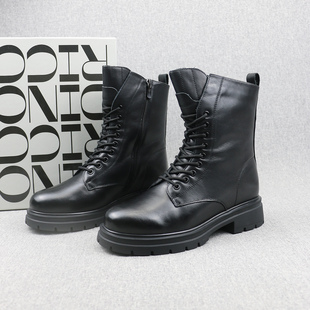 女 中筒雪地靴黑色棉靴休闲棉鞋 头层牛皮 羊毛外贸俄罗斯订单冬季